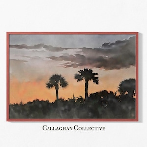 Palm Tree Sunset Watercolor, Coastal Artwork, Florida Wall Art, Beachy Wall Art, Watercolor Seascape, Tropical Sunset Painting