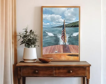 Finger Lakes, Skaneateles Lake Watercolor Print, New York - Wooden Boat American Flag Wall Art, Lake House Decor, Upstate NY Gift
