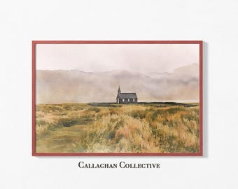 May include: A watercolor painting of a small, dark church with a steeple in a field of tall grass. The church is in the distance, with a misty background.