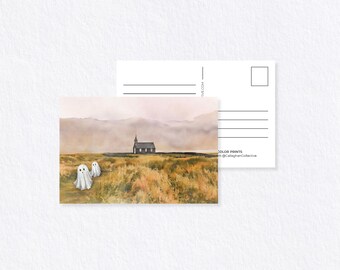 Ghost Postcard, Halloween Print - Spooky Fall Greeting Card, Gothic Church Art, Halloween Gift