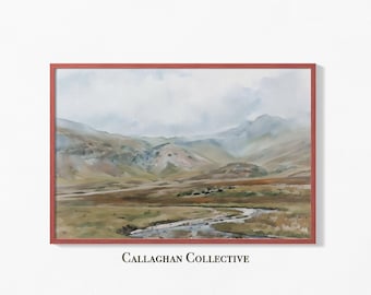 May include: A watercolor painting of a landscape with rolling hills and a river winding through the valley. The sky is cloudy and the colors are muted.