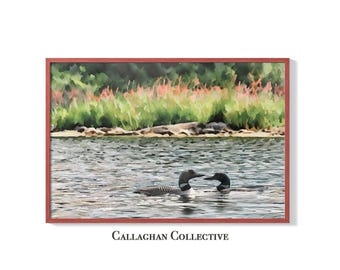 Loon Art Print – Loons on a Lake Watercolor Painting, Lake House Wall Art, Cottage Core Decor