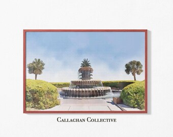 Charleston Prints Pineapple Fountain Watercolor, Southern Charm Charleston SC Art, Low Country Landscape, Charleston Gift Idea