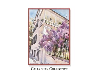 Charleston Art Wisteria Drawing Watercolor Landscape, Grandmillennial Cottagecore Art Print, Southern Wall Decor, Charleston SC Spring Gift