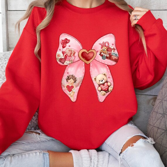 Vintage Valentine bow Coquette Sweatshirt, Valentine's Day Gift, Valentine Day Shirt, Pink Bow Shirt, Retro Valentine Shirt, Bow shirt