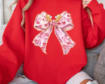 Valentine's day Heart Coquette bow Sweatshirt, Retro Valentine Shirt, Valentines Day Bow Shirt, Bow Valentine Gifts, Coquette Bow Shirt
