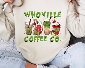 Whoville Coffee Co sweatshirt, Cute Inspired Shirt, Cozy Coffee Lover Gift, Whimsical Christmas Shirt, Green Christmas tree, Christmas Gifts