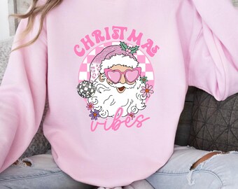 Retro Santa Sweatshirt, Pink Christmas Sweater, Christmas Gift, Women's Holiday Crewneck, Xmas Gifted for Her, Trendy Festive Sweatshirt