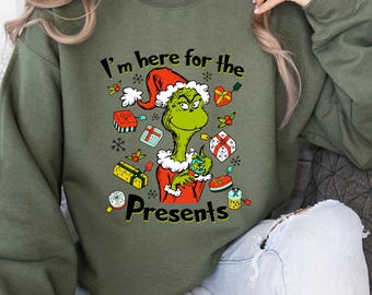 I'm Here for the Presents Shirt sweatshirt, Retro Grinch Christmas Tree Shirt, Grinch Funny Shirt Merry Grinchmas Tee, Christmas Gift