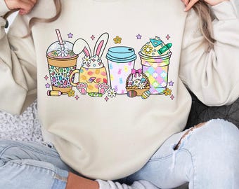 Easter Coffee Latte Sweatshirt, Cute Easter Shirt, Easter Bunny Shirt, Rabbit Tee, Easter Gift, Coquette Easter Sweatshirt, Teacher T-Shirt