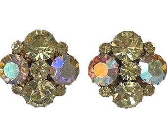 1950s Weiss Aurora Borealis Crystal Rhinestones Vintage Circular Round Designer Cluster Clip Earrings