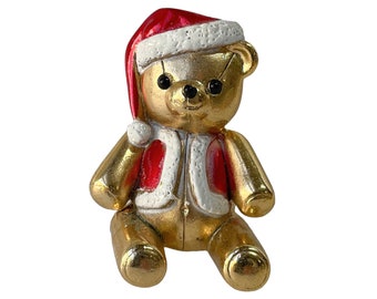 1990s AJC American Jewelry Company Gold Plated Red White & Black Enamel Vintage Teddy Santa Bear Christmas Figural Holiday Pin Brooch