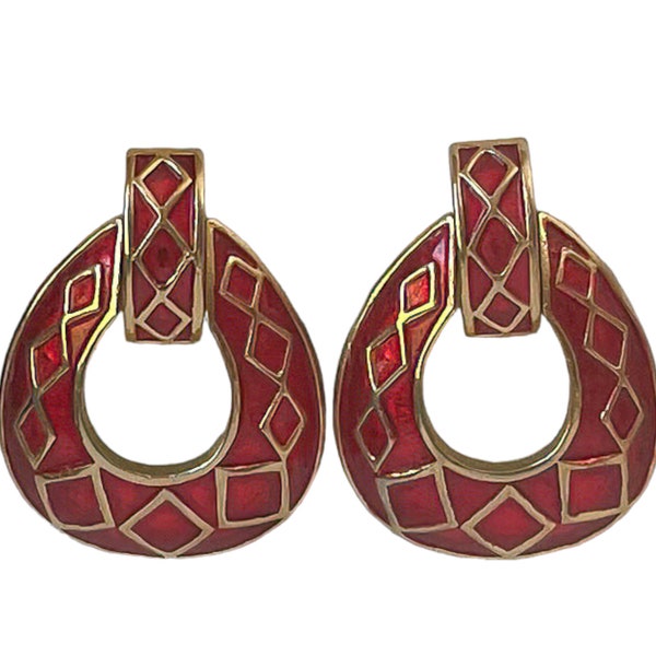 1980s Bright Red Enamel on Gold Plated Metal Vintage Diamond Pattern Door Knocker Drop Dangle Geometric Statement Clip On Earrings