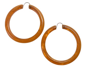 1980s Burnt Orange Lucite Plastic Vintage Large Hoop Geometric Mod Retro Statement Pierced Earrings