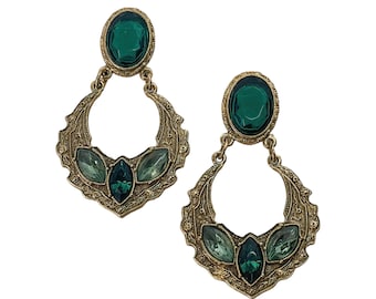1990s 1928 Jewelry Company Textured Gold Plate Green Glass & Lucite Rhinestones Vintage Oversized Door Knocker Pierced Post Back Earrings
