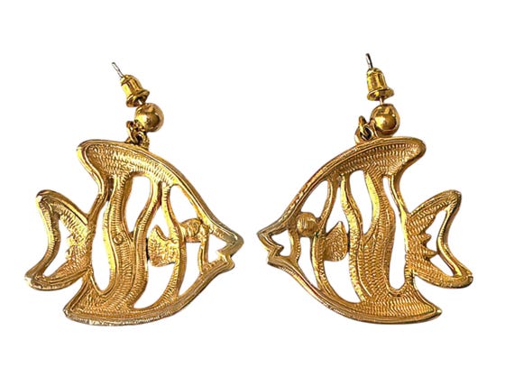 Statement Gold Tone Fish Dangle Stud Earrings Vin… - image 2
