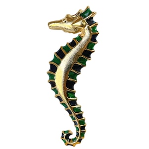 1980s Green & Blue Enamel on Gold Plated Vintage Seahorse Sea Creature Mid Century Style Figural Beach Pin Brooch