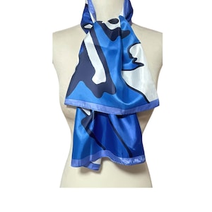 1970s Blue White & Black Abstract Asymetrical Jagged Striped Retangular Vintage Scarf Scarves