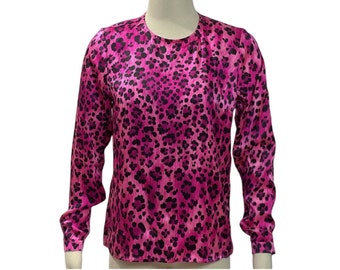 1990's Yves Saint Laurent Variation Hot Pink Leopard Print Silk Blouse Top Size 8