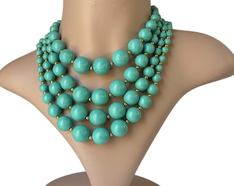 1960s Unsigned Beauty 4 Strand Blue Green Plastic Graduated Beads & Gold Plated Spacer Beads Vintage Chunky Adjustable Choker Necklace