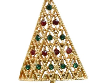 1980s Open Design Gold Tone Jeweled Multi Colored Crystal Rhinestones Christmas Tree Vintage Pin Brooch
