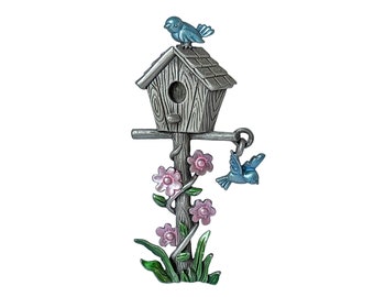 1990s JJ Jonette Jewelry Embossed Pewter Pink Flowers Green Grass & Leaves Bluebirds Vintage Figural Birdhouse Nature Brooch Pin