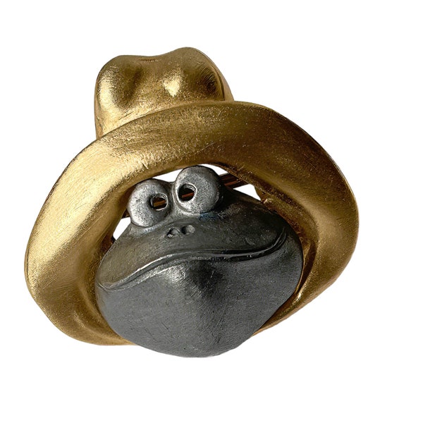 1990s Pewter & Gold Plated Vintage Goofy Frog Toad Wearing Floppy Hat Fun Silly Figural Frog Novelty Pin Brooch