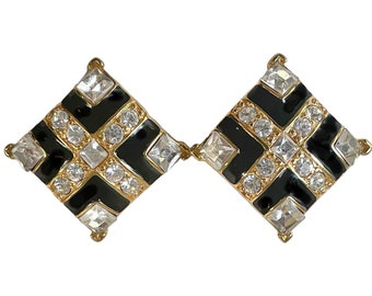 1990s Monet Gold Plated Back Enamel White Rhinestones Vintage Diamond Shape Geometric Post Back Stud Pierced Earrings