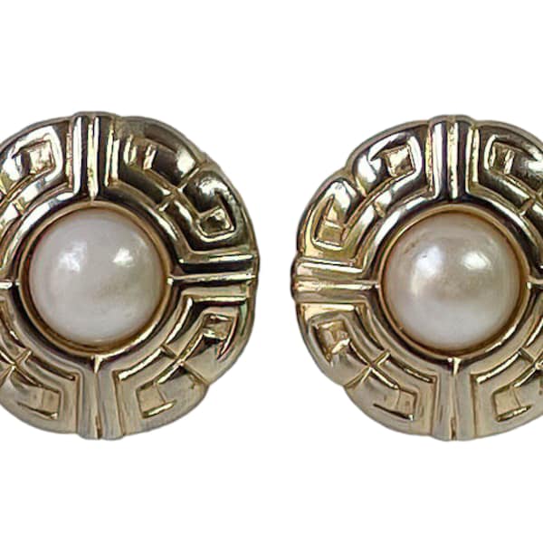 1980s Givenchy Logo Embossed Gold Plate Faux Pearl Vintage Runway Cat Walk Couture Medallion Clip Earrings