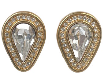 1980s Signed SAL Faceted White Swarovski Crystal Rhinestone Vintage Gold Plated Teardrop Clip Earrings