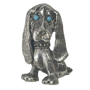 1970s Silver Tone & Turquoise Bead Eyes Vintage Floppy Ears Dog Canine Doggie Puppy Figural Animal Brooch Pin