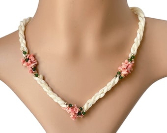 1980s Mother of Pearl Jade & Coral Braided Twisted Beaded Vintage Multistrand White Pink Green Choker Necklace