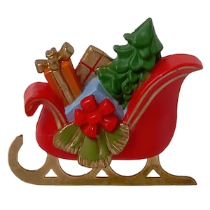 1980er Jahre Hallmark Cards Rot Grüner Kunststoff & Vergoldeter Vintage Figuraler Schlitten des Weihnachtsmannes Made in Hong Kong Christmas Holiday Anstecknadel Brosche