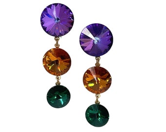 1990s Gold Plated Round Purple Orange Green Crystal Rivoli Rhinestones Vintage Designer Runway Dangle Pierced Postback Pierced Earrings