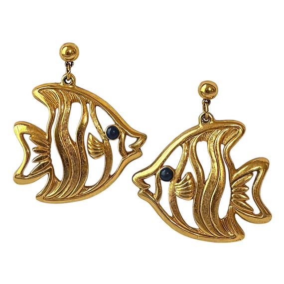 Statement Gold Tone Fish Dangle Stud Earrings Vin… - image 1