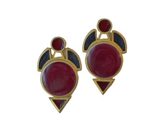 1980s Act V Satin Finish Gold Plated Red & Black Enamel Vintage Geometric Retro Art Deco Pierced Post Back Earrings