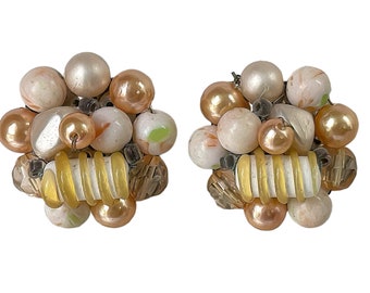 1960s Signed Japan Peach & White Plastic Lucite Bead Vintage Beaded Cluster Mid Century Clip On Earrings