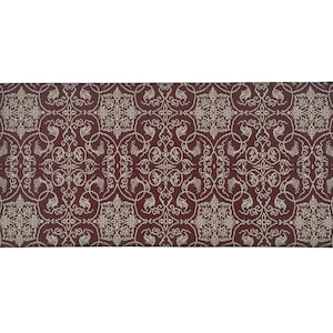 May include: A rectangular textile with a repeating pattern of beige floral and scroll designs on a burgundy background. The symmetrical pattern creates a decorative, ornate appearance. The textile is likely used for home decor.