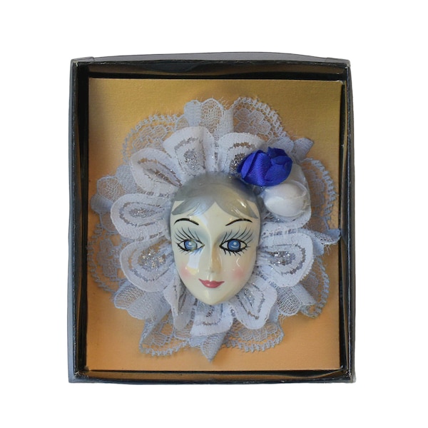 1986 Brinn Glamour Girl Resin Oval Lady Head Face Light Blue Lace Dark Blue Flower Vintage Figural Brooch Pin