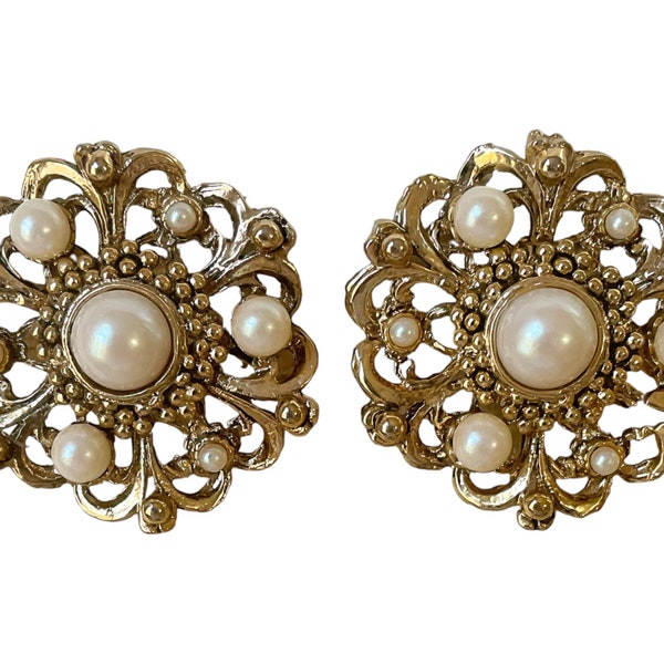 1980s 1990s Oversized Open Design Gold Plate& Faux Pearls VIntage Oversized  Circular Pinwheel Statement Clip Earrings