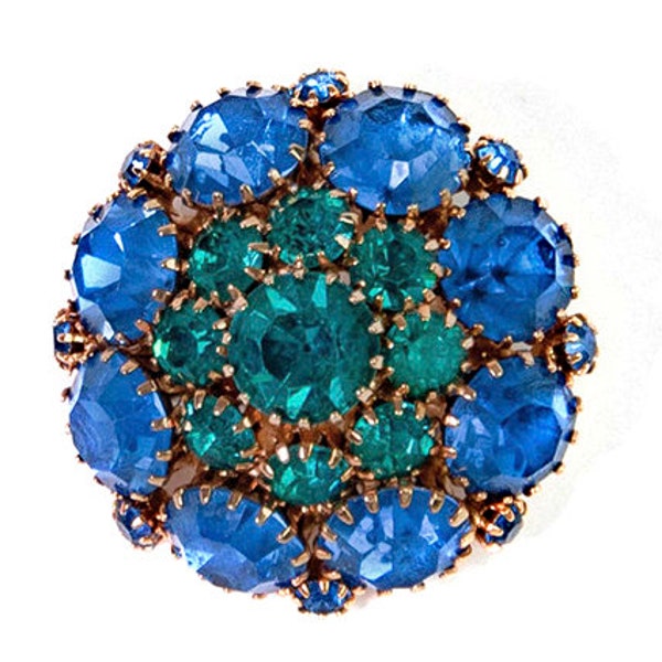 1950s 1960s Sapphire Blue Emerald Green Rhinestone Gold Tone Vintage Domed Mid Century Estate Jewelry Pin Brooch