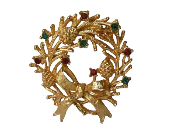 1970s Gold Plated Red & Green Rhinestones Vintage… - image 1