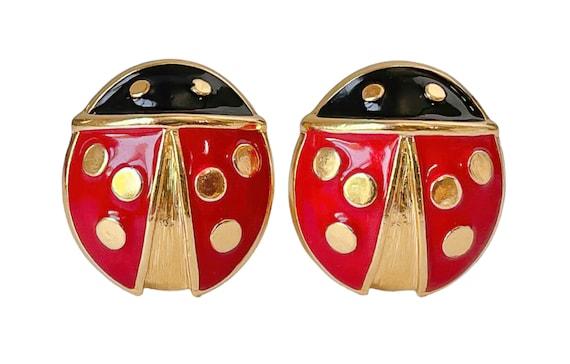 1980's Gold Plated Red & Black Enamel Vintage Dom… - image 1