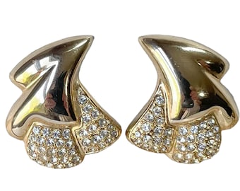 1980s Piscitelli Polished Gold Plate & Pave White Rhinestones Vintage Curved Formal Event Clip Earrings Made in USA