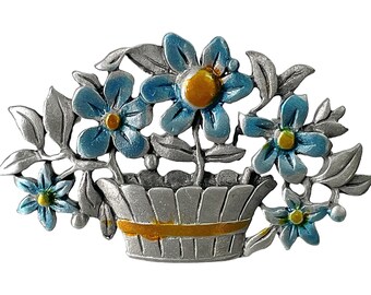 1980s Signed JJ Jonette Pewter & Brass Blue Golden Yellow Vintage Spring Flower Floral Figural Artifacts Basket Figural Artifacts Pin Brooch