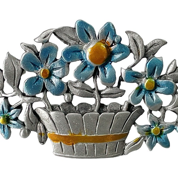 1980s Signed JJ Jonette Pewter & Brass Blue Golden Yellow Vintage Spring Flower Floral Figural Artifacts Basket Figural Artifacts Pin Brooch