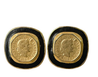 1980s Matte Gold Plated Metal Black Enamel Vintage  Ancient Roman Coin Clip On Earring