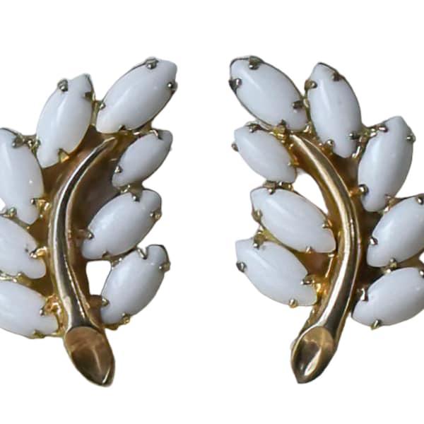 1960s Napier Gold Plated White Milk Glass Navette Cabochons Vintage Curled Figural MCM Leaf Clip Earrings