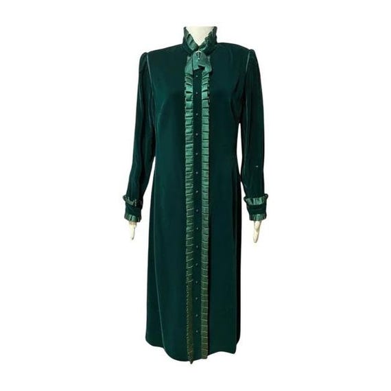 Nina Ricci, 1990s Nina Ricci Haute Couture Green Velvet Dress Silk Ruffle FR 42
