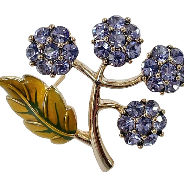 1960s MONET Violet Rhinestones Green Enamel Vintage Gold Plated Hydrangea Blooming Flower Floral Spray Petite Dainty Figural  Brooch Pin